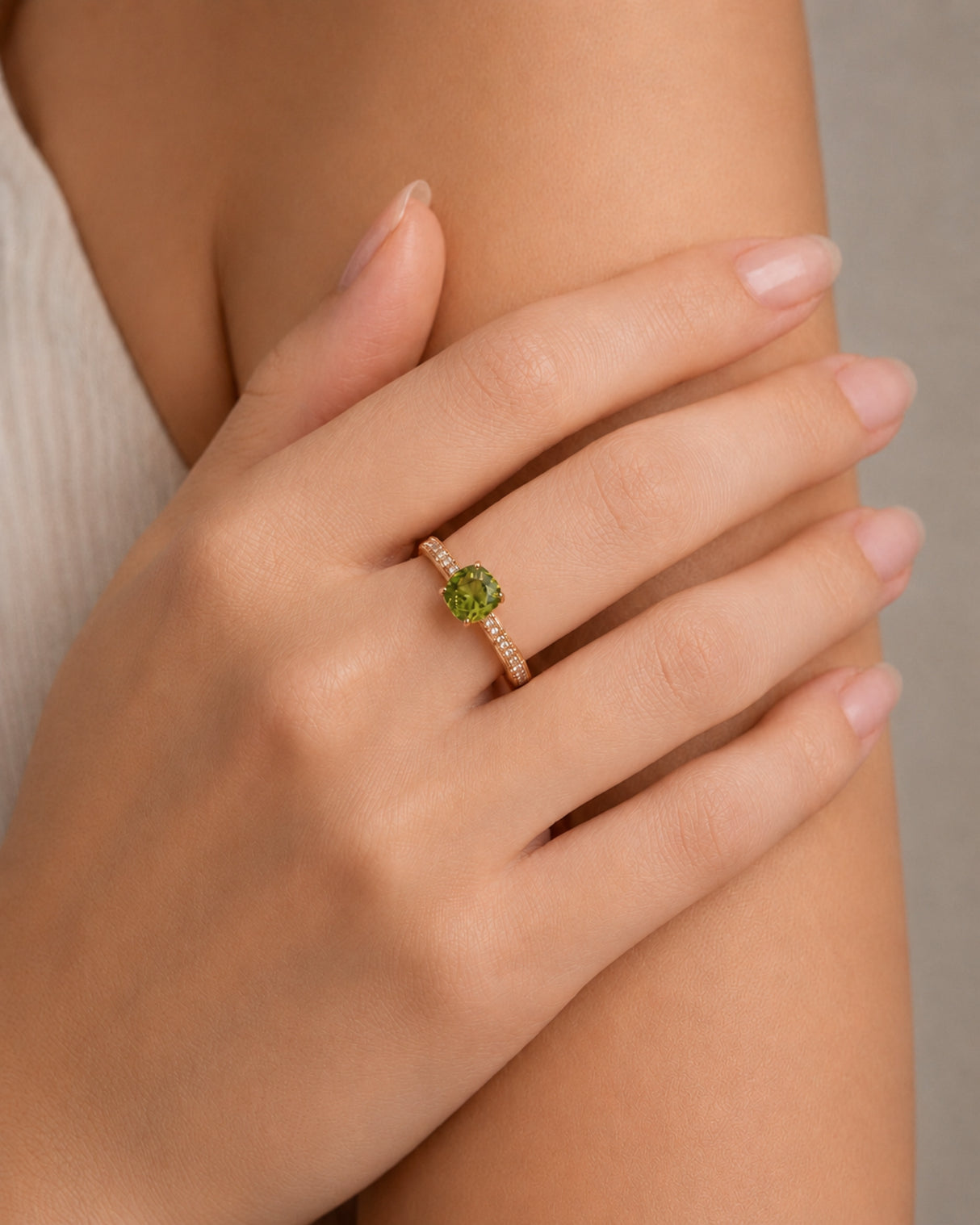 Green tourmaline engagement ring with diamond shoulders in romantic 18K Rose Gold | SARATTI