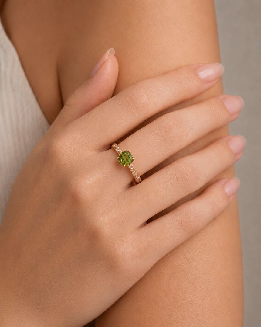 Green tourmaline engagement ring with diamond shoulders in romantic 18K Rose Gold | SARATTI