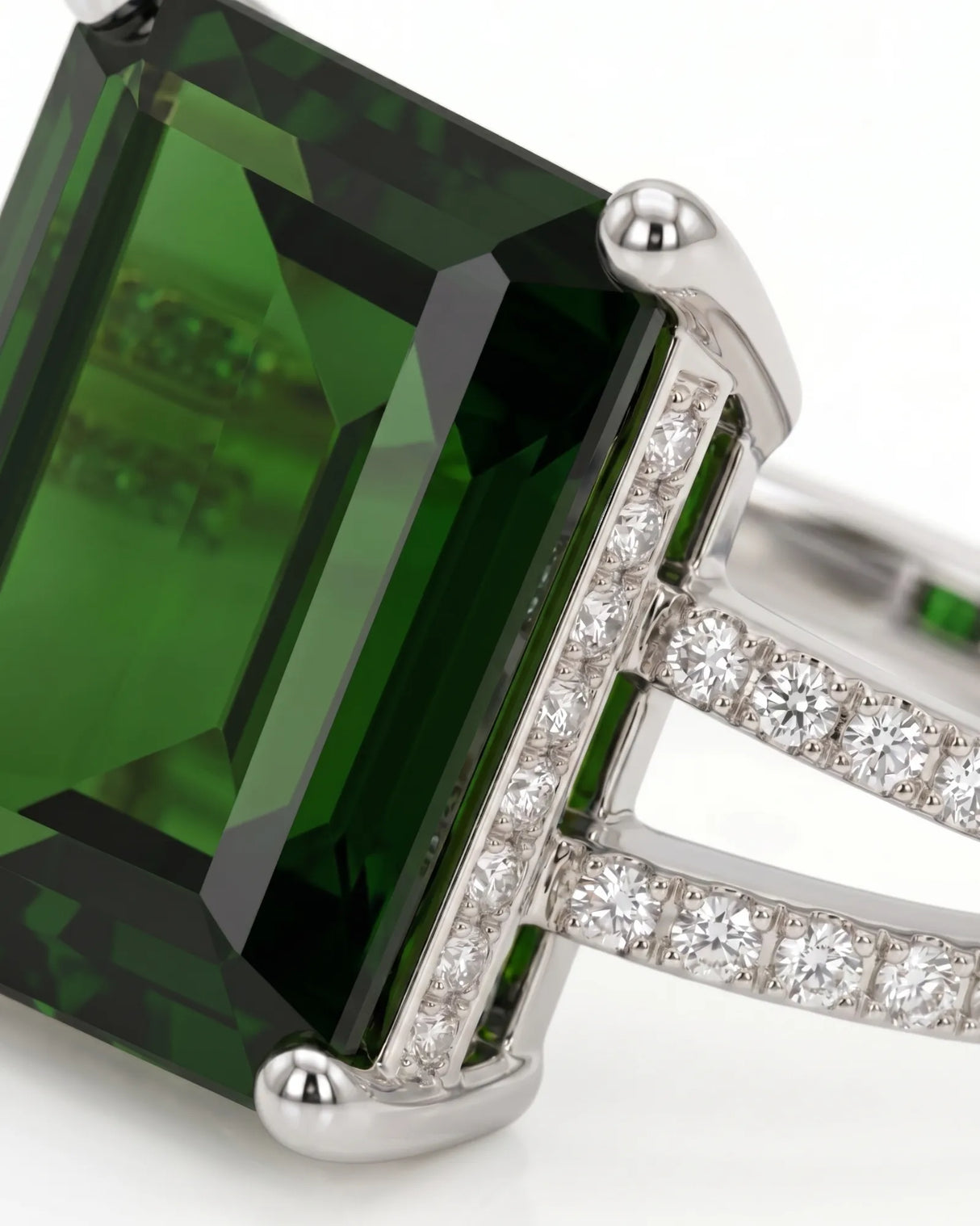 Green tourmaline engagement ring with diamond split shank in 18K white gold | SARATTI