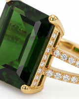 Green tourmaline engagement ring with diamond split shank in 18K yellow gold | SARATTI