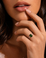 Green tourmaline engagement ring with diamond split shank in premium platinum | SARATTI