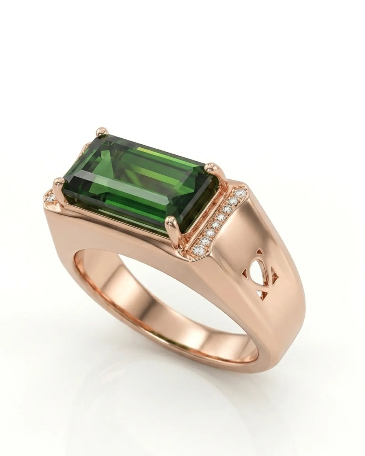 Green tourmaline engagement ring with emerald-cut center stone and diamond shoulders in 18K rose gold | SARATTI