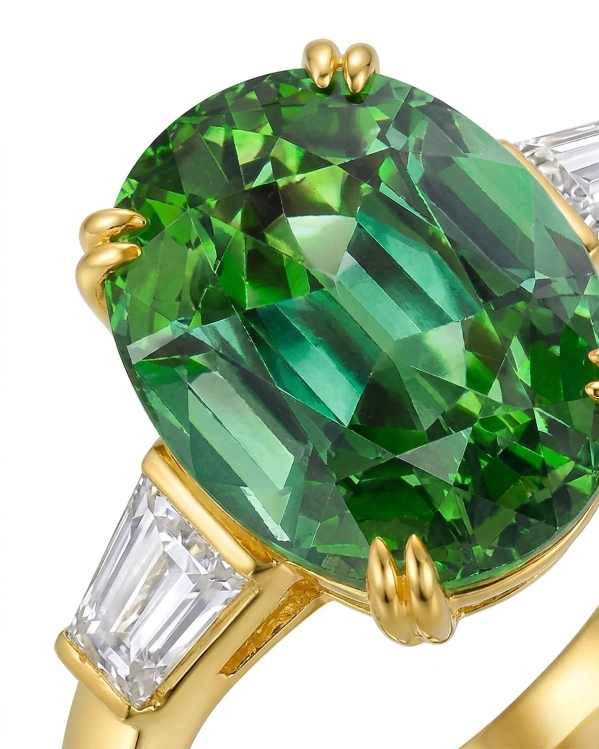Green tourmaline engagement ring with emerald-cut diamond accents in 18K yellow gold | SARATTI