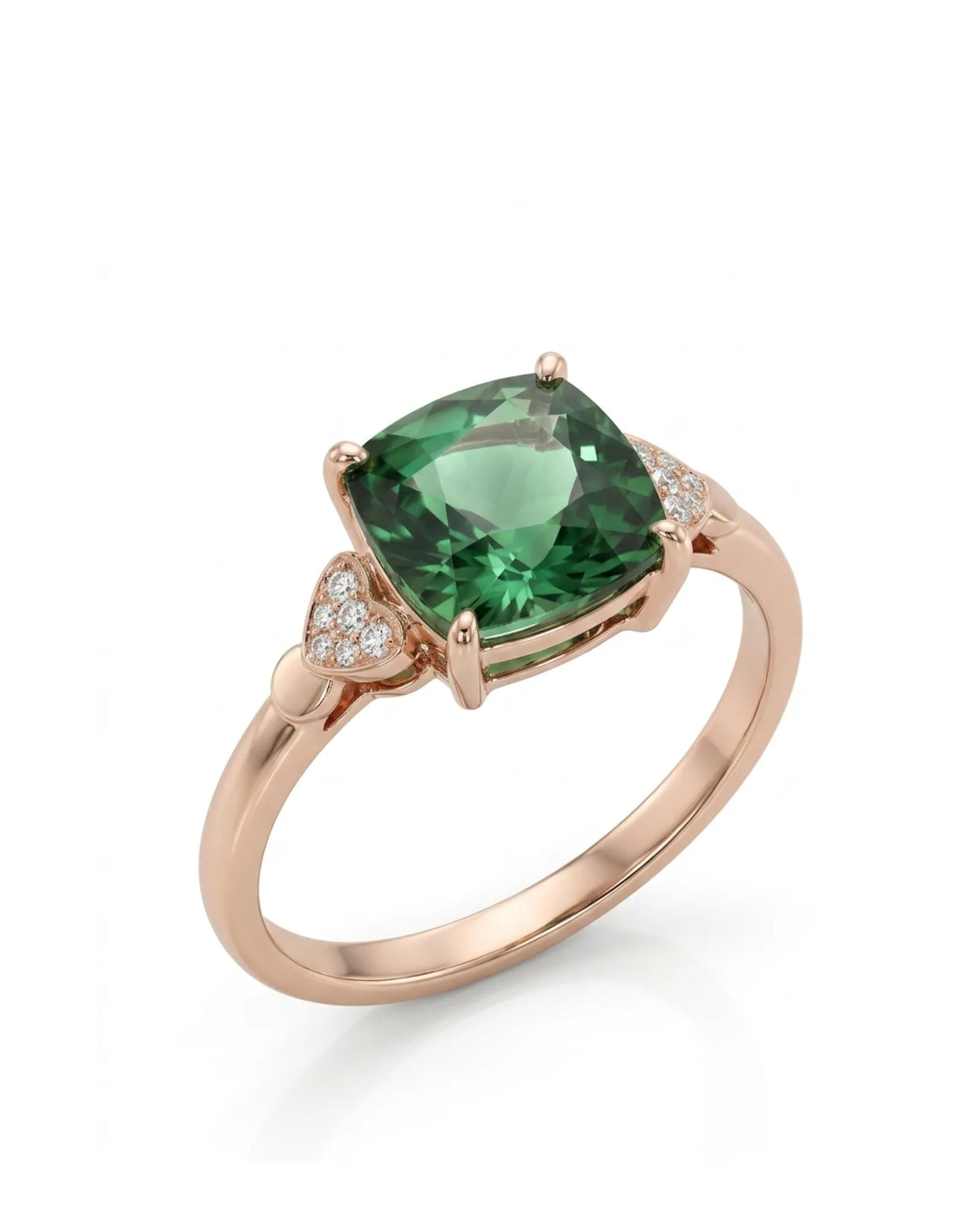Green tourmaline ring with cushion-cut center stone and heart diamond accents in 18K rose gold | SARATTI