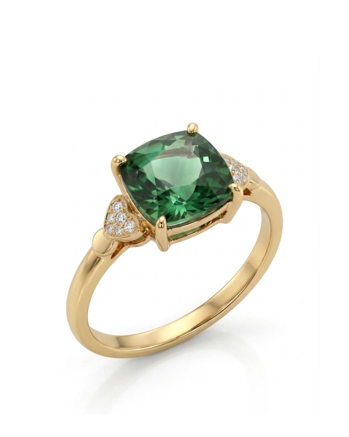 Green tourmaline ring with cushion-cut center stone and heart diamond accents in 18K yellow gold | SARATTI