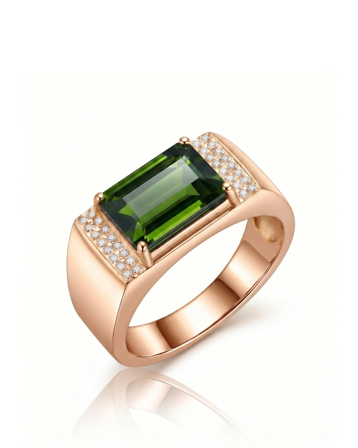 Green tourmaline ring with emerald-cut center stone and diamond side panels in 18K rose gold | SARATTI