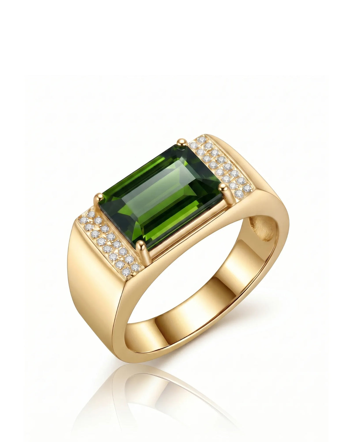 Green tourmaline ring with emerald-cut center stone and diamond side panels in 18K yellow gold | SARATTI
