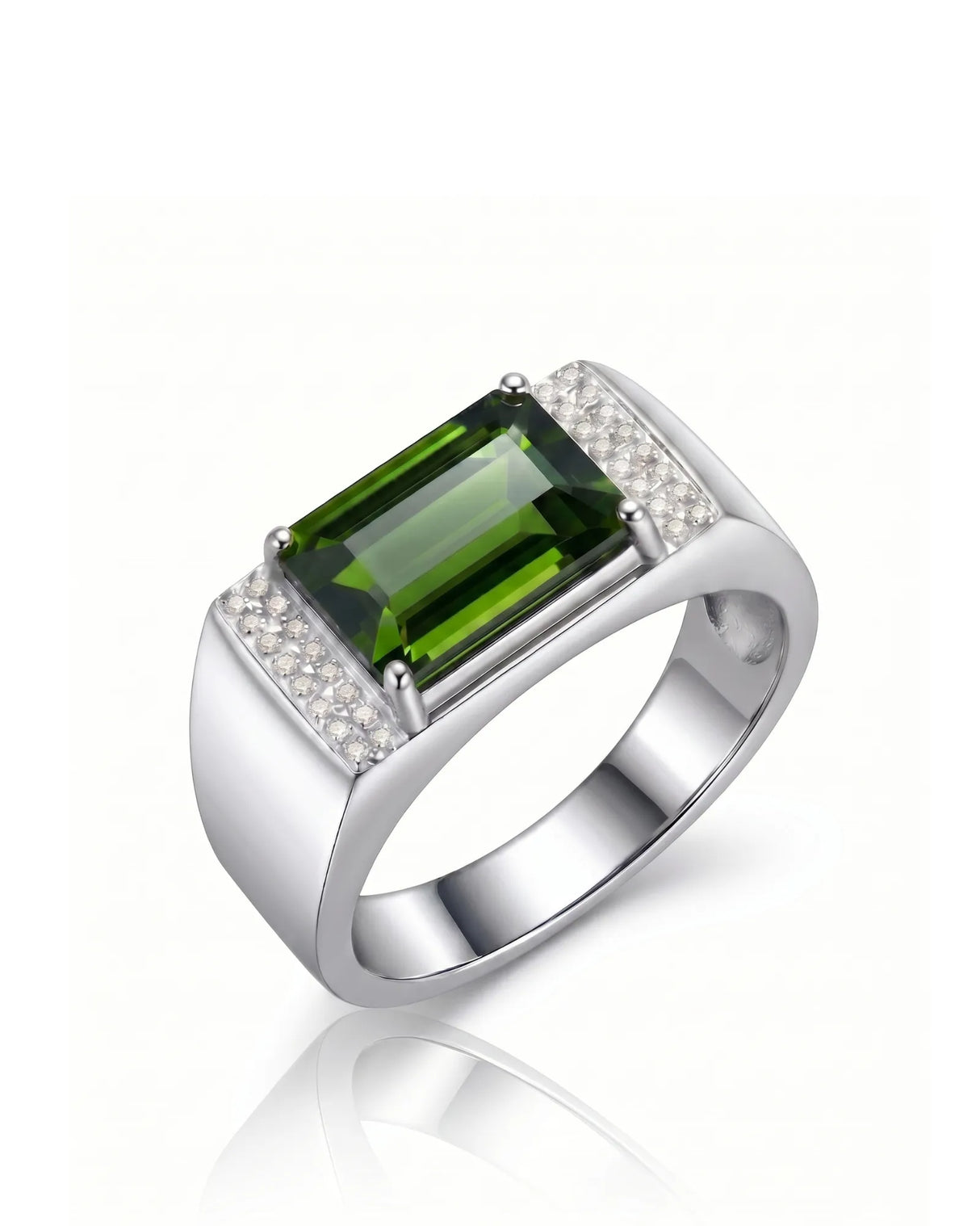 Green tourmaline ring with emerald-cut center stone and diamond side panels in polished platinum | SARATTI