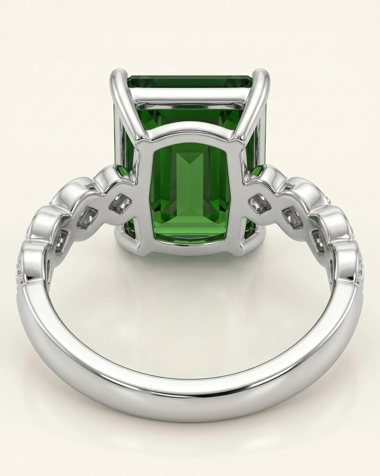Green tourmaline ring with six diamond accents and architectural shoulder details in platinum | SARATTI