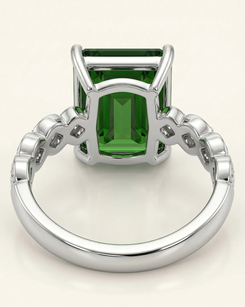 Green tourmaline ring with six diamond accents and architectural shoulder details in platinum | SARATTI