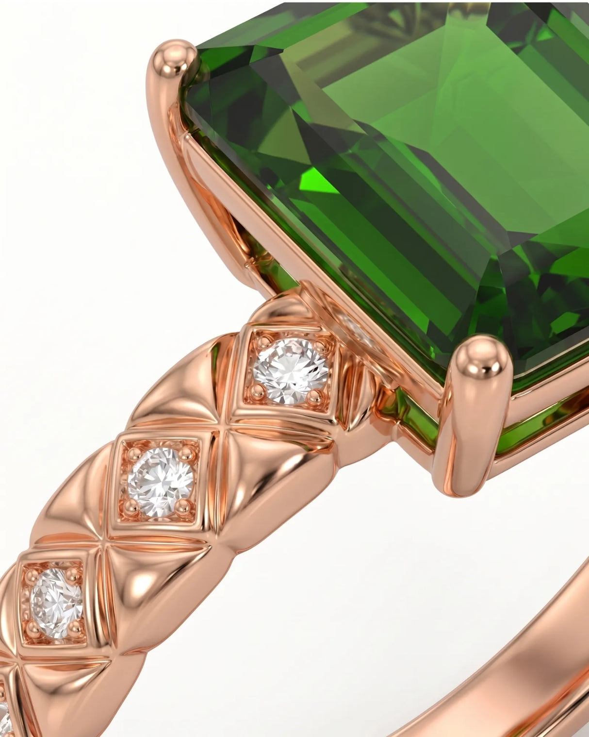 Green tourmaline ring with six diamond accents and architectural shoulder details in rose gold | SARATTI