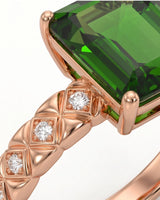 Green tourmaline ring with six diamond accents and architectural shoulder details in rose gold | SARATTI