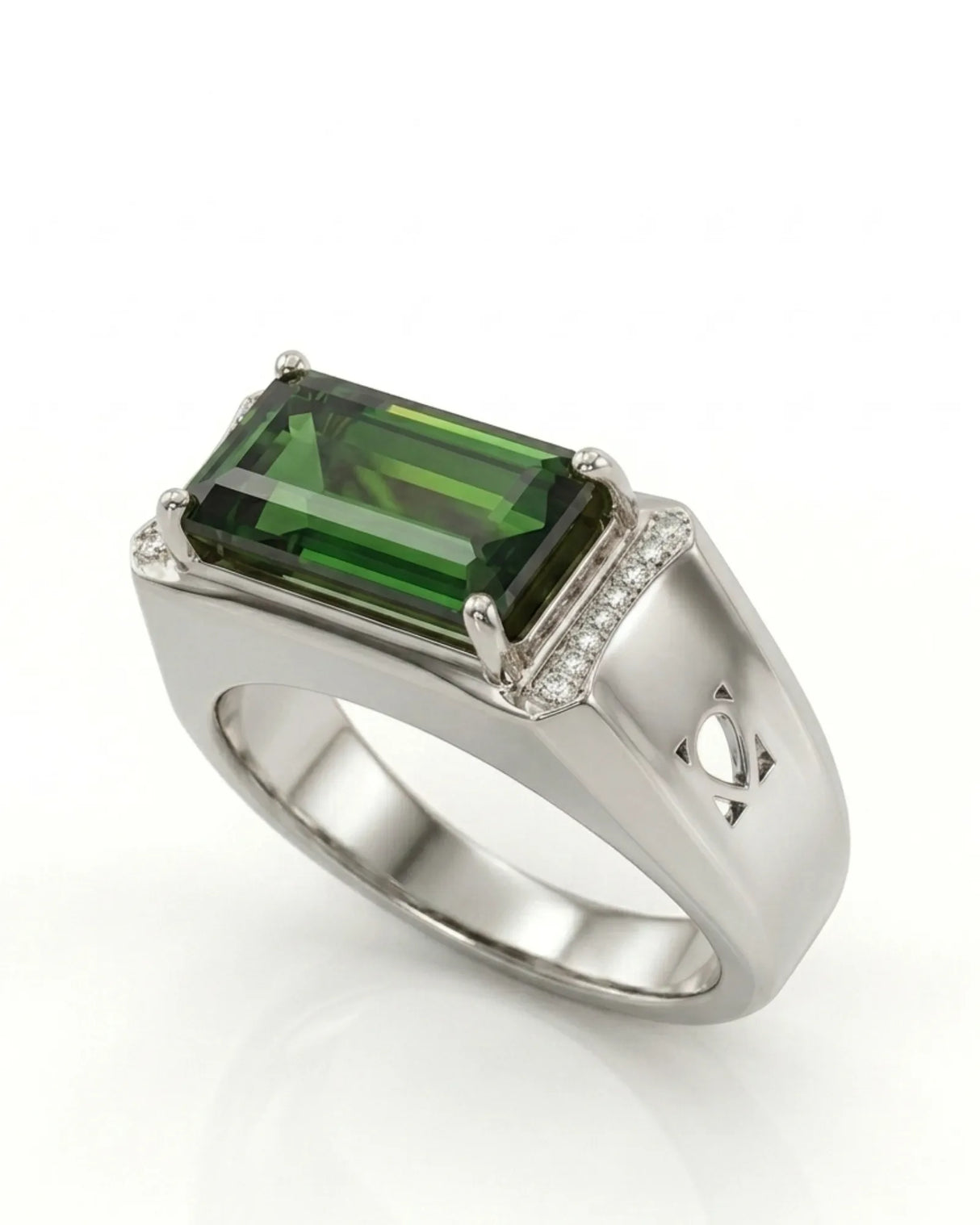Green tourmaline statement ring with diamond-set shoulders in refined platinum | SARATTI
