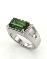 Green tourmaline statement ring with diamond-set shoulders in refined platinum | SARATTI