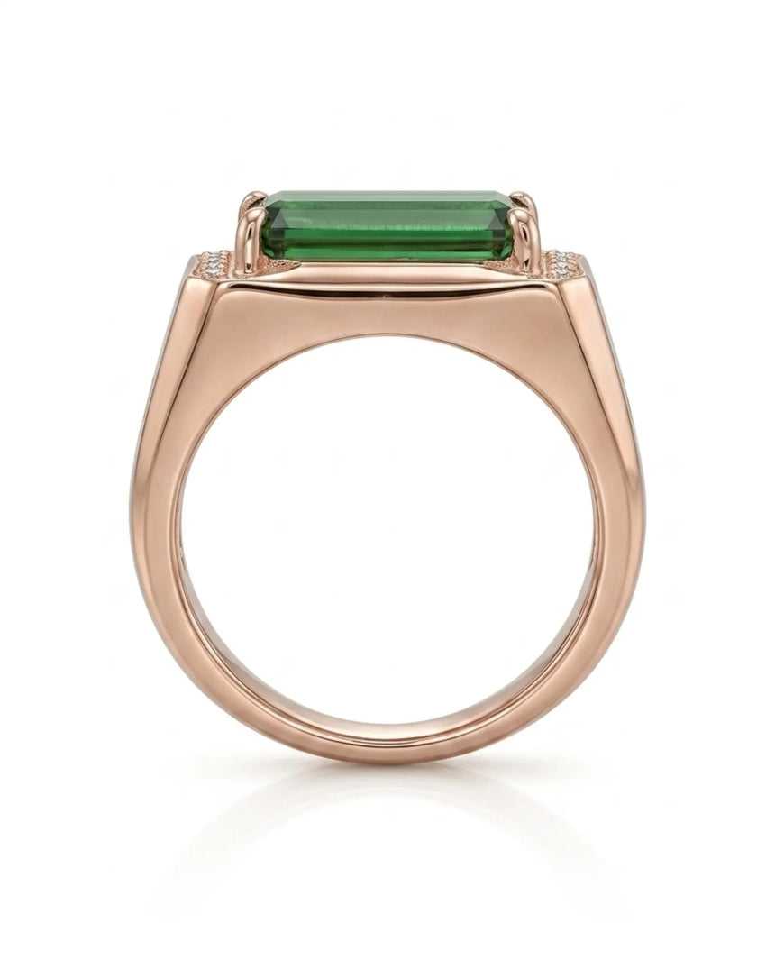Green tourmaline statement ring with diamond-set shoulders in rose gold | SARATTI