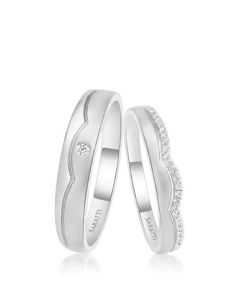 Half eternity diamond wedding band set crafted in polished 18K white gold with refined matching design | SARATTI