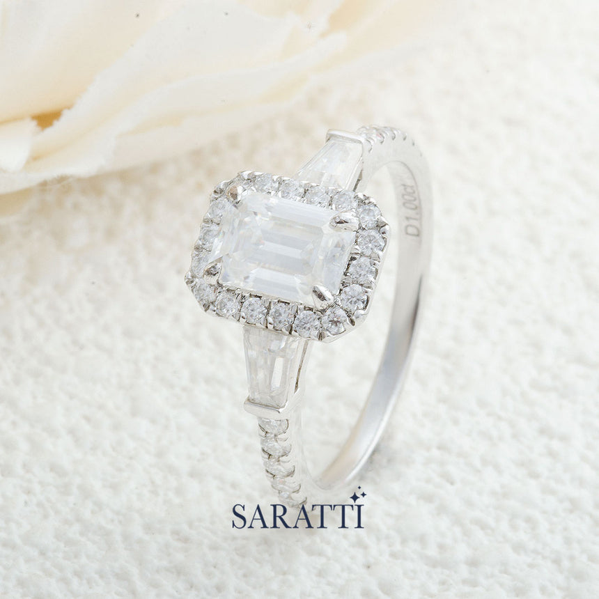 Emerald Cut Diamond Halo Engagement Ring | Saratti