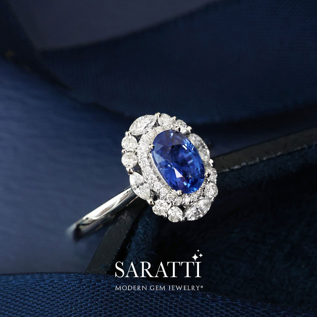 18K White Gold Ring with Royal Blue Sapphire and Diamonds Modern Gem Jewelry Saratti