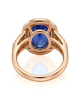 Halo sapphire ring with split shank diamonds and fancy yellow accents in 18K rose gold | SARATTI