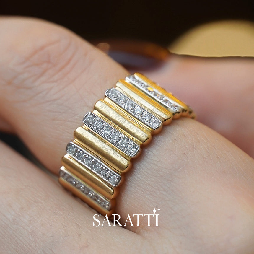Hand-finished 18K gold ribbed ring with pavé diamond bar for everyday luxury wear | SARATTI