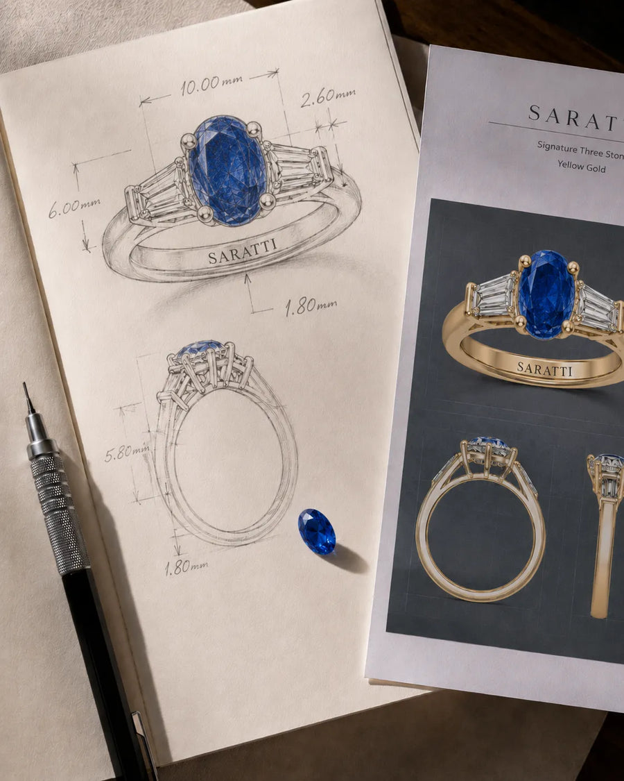 Digital CAD rendering of a SARATTI sapphire and diamond ring on a tablet screen during bespoke jewelry design review