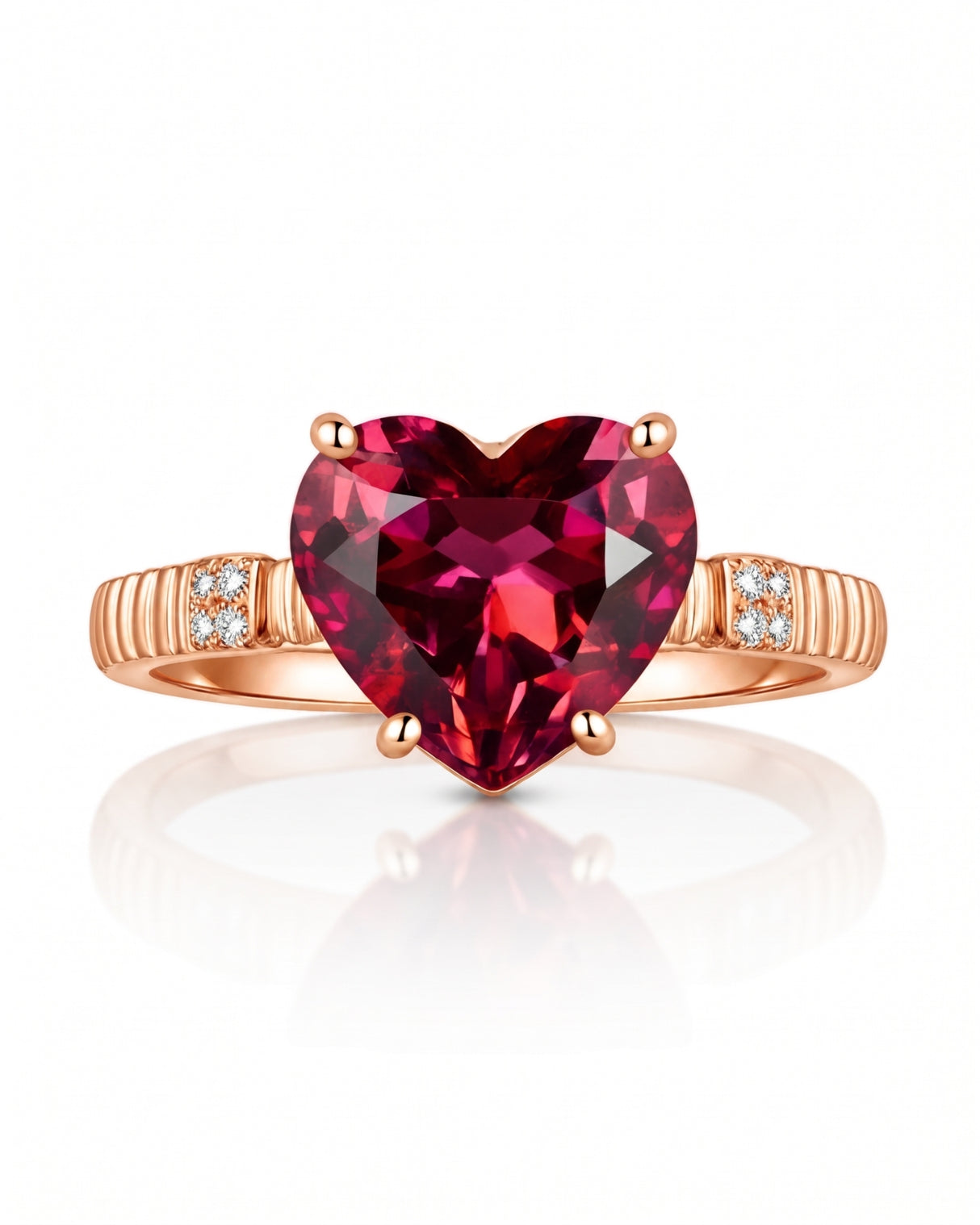 Heart-cut rubellite tourmaline ring with sculpted shoulders in 18K Rose Gold | SARATTI