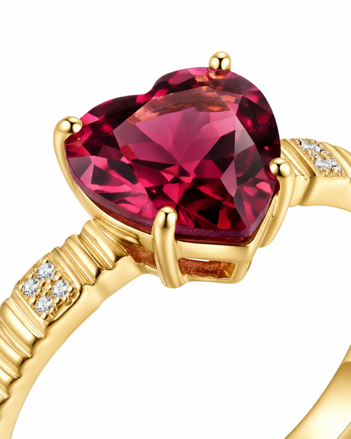 Heart-shaped rubellite engagement ring with diamonds in elegant 18K Yellow Gold | SARATTI