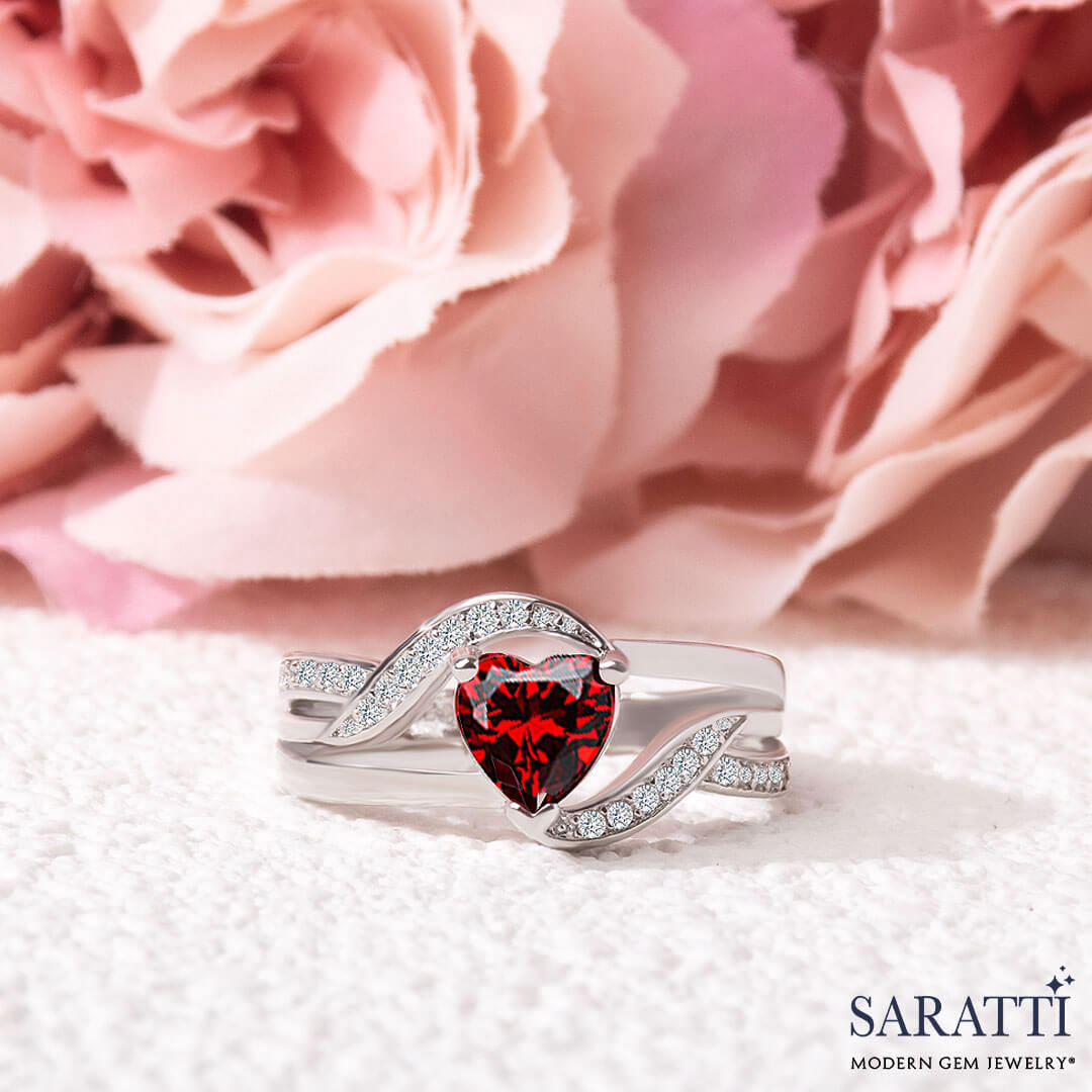 Heart Red Garnet Gemstone in 18K White Gold Split Shank Ring | Saratti
