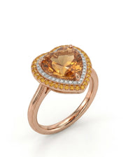 Heart cut Natural Imperial Topaz double halo setting in 18K rose gold | SARATTI