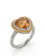 Heart cut Natural Imperial Topaz double halo setting in platinum | SARATTI