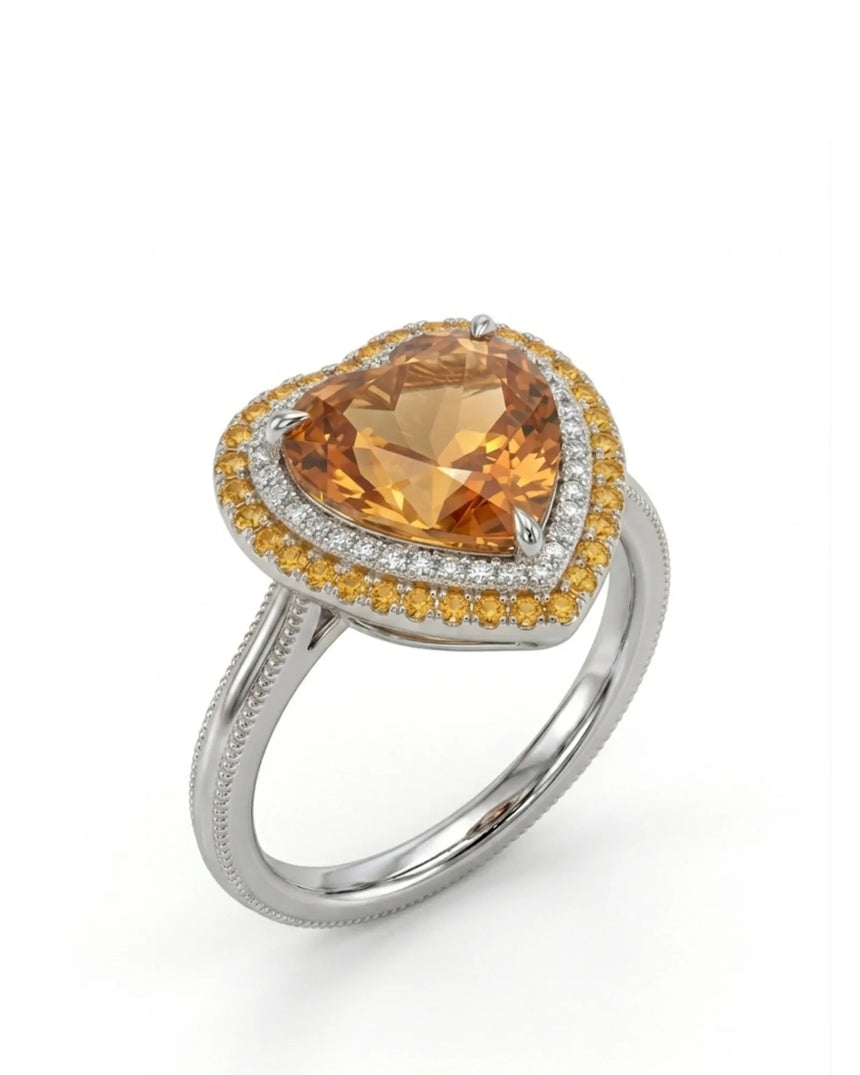 Heart cut Natural Imperial Topaz double halo setting in platinum | SARATTI