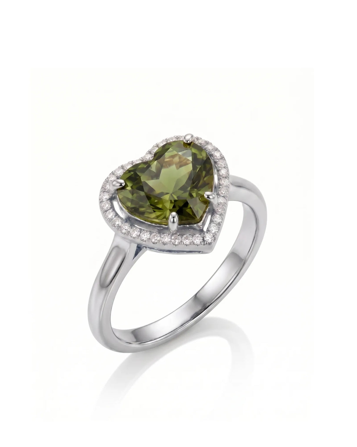 Heart green tourmaline ring with diamond halo in 18K white gold | SARATTI
