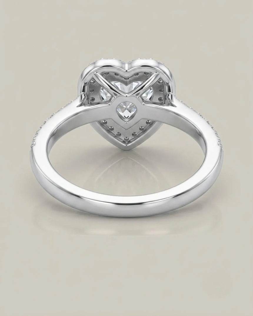 Heart moissanite center stone ring with colorless sparkle and white gold halo - SARATTI