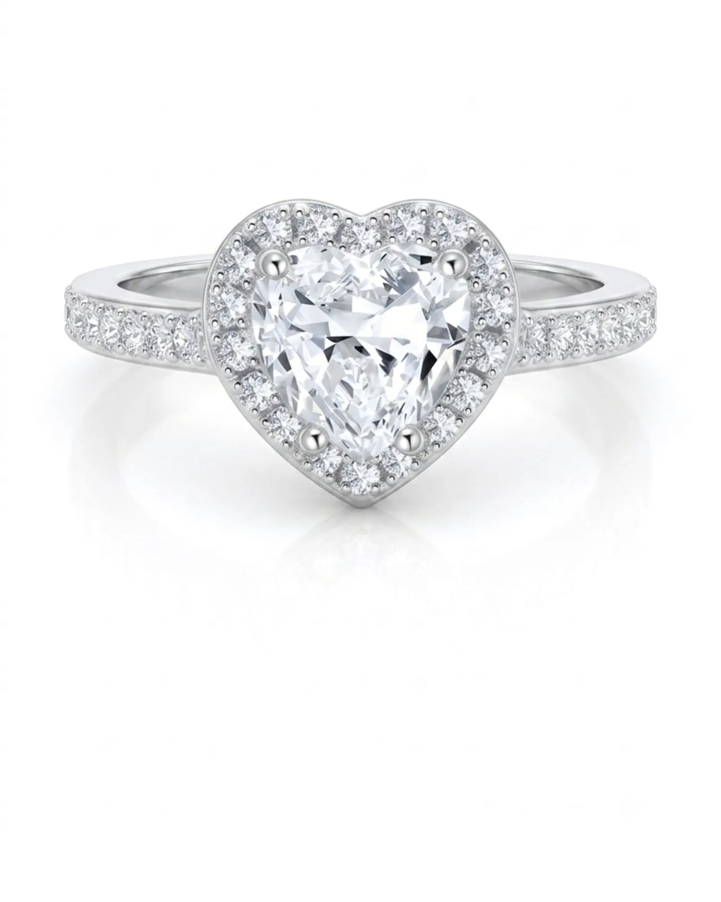 Heart moissanite center stone ring with colorless sparkle and white gold halo | SARATTI