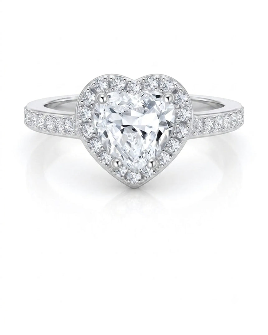 Heart moissanite center stone ring with premium platinum and halo sparkle | SARATTI