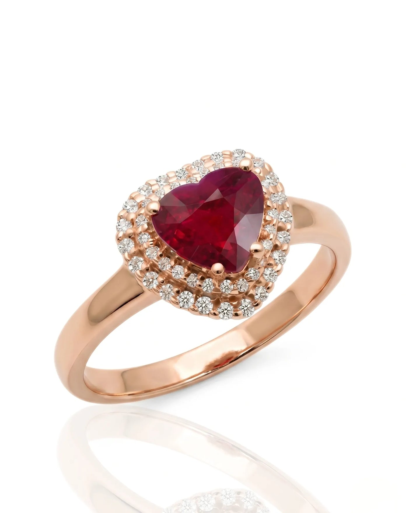 Heart ruby ring with double diamond halo in polished 18K rose gold | SARATTI