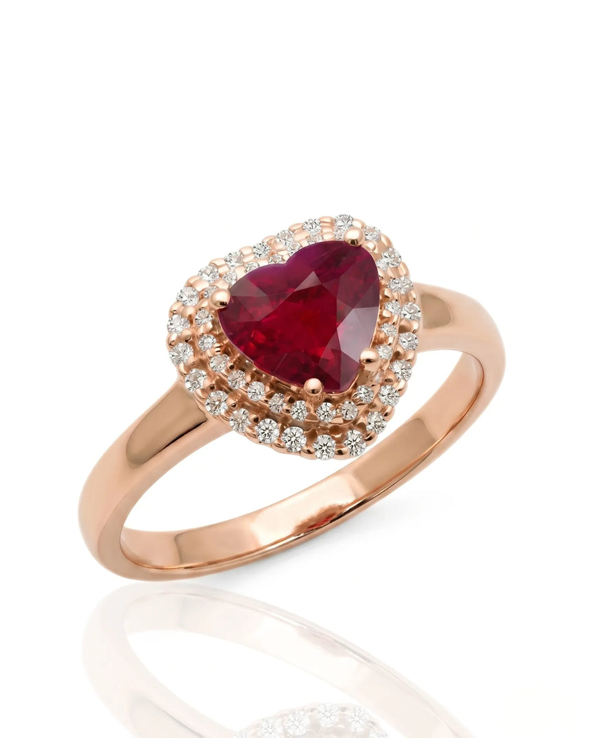 Heart ruby ring with double diamond halo in polished 18K rose gold | SARATTI