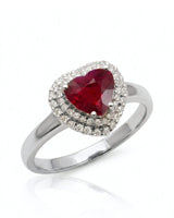 Heart ruby ring with double diamond halo in polished 18K white gold | SARATTI
