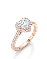 Heart shaped moissanite engagement ring with halo and pavé band in rose gold | SARATTI