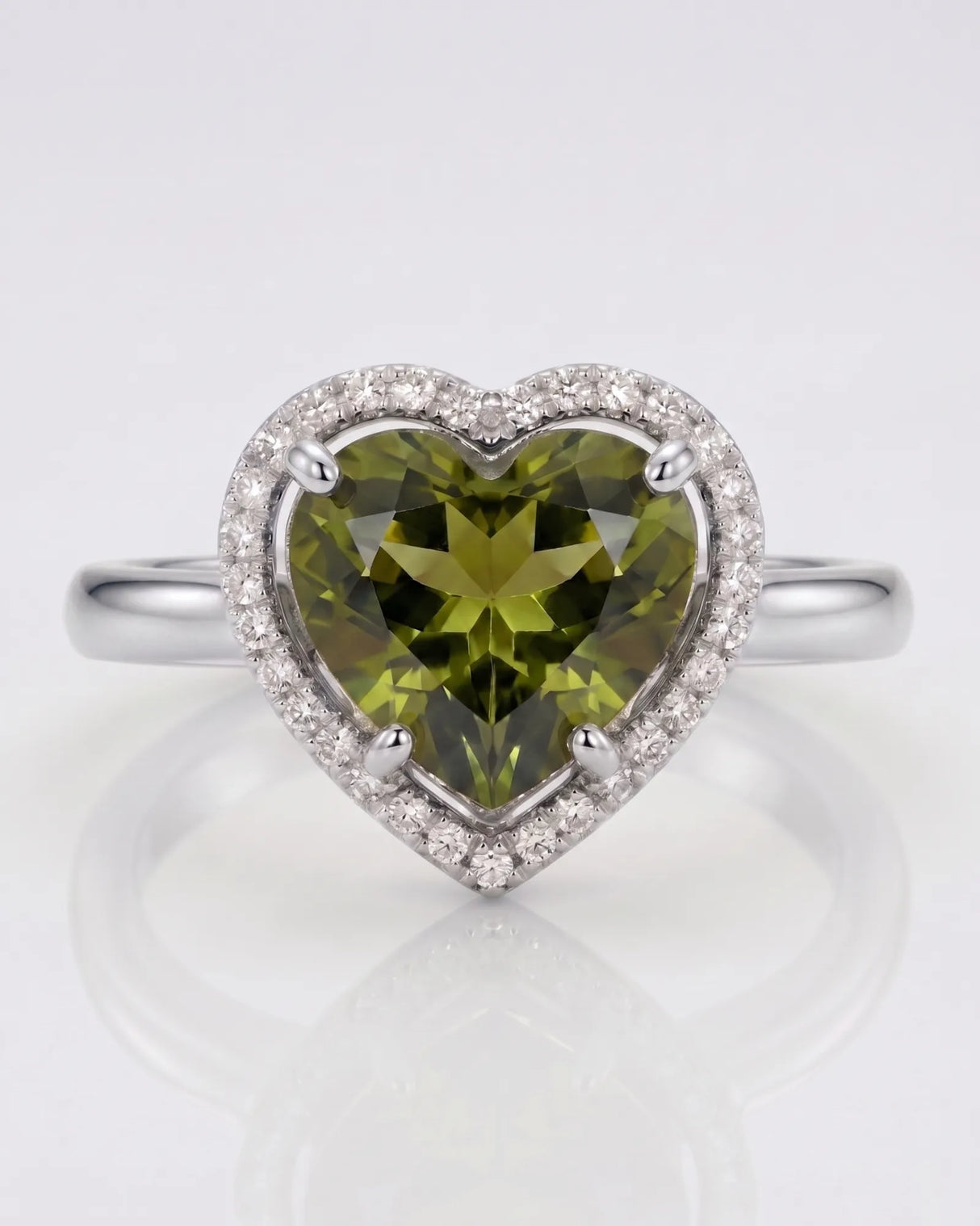 Heart tourmaline engagement ring with diamond halo in 18K white gold | SARATTI