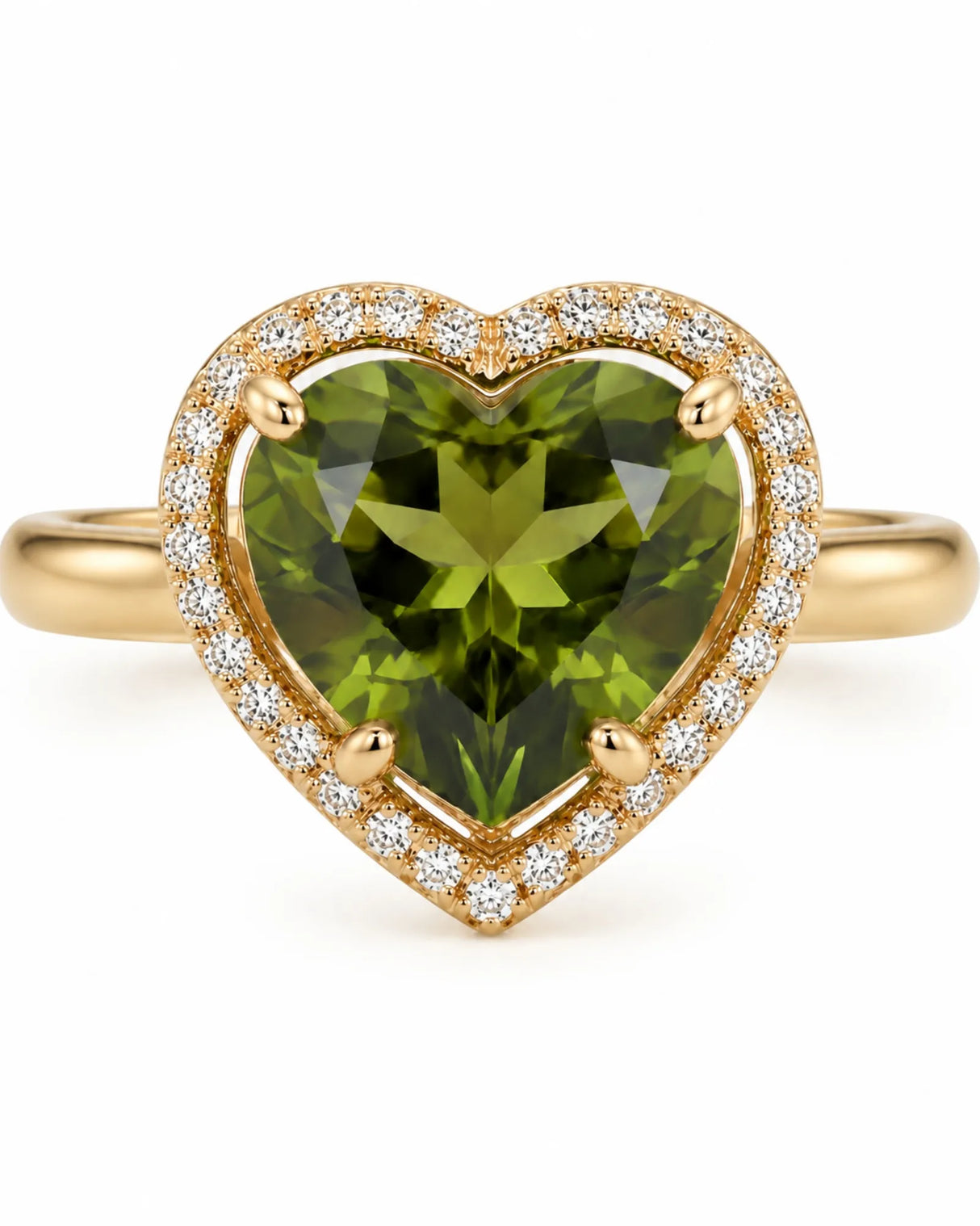 Heart tourmaline engagement ring with diamond halo in 18K yellow gold | SARATTI
