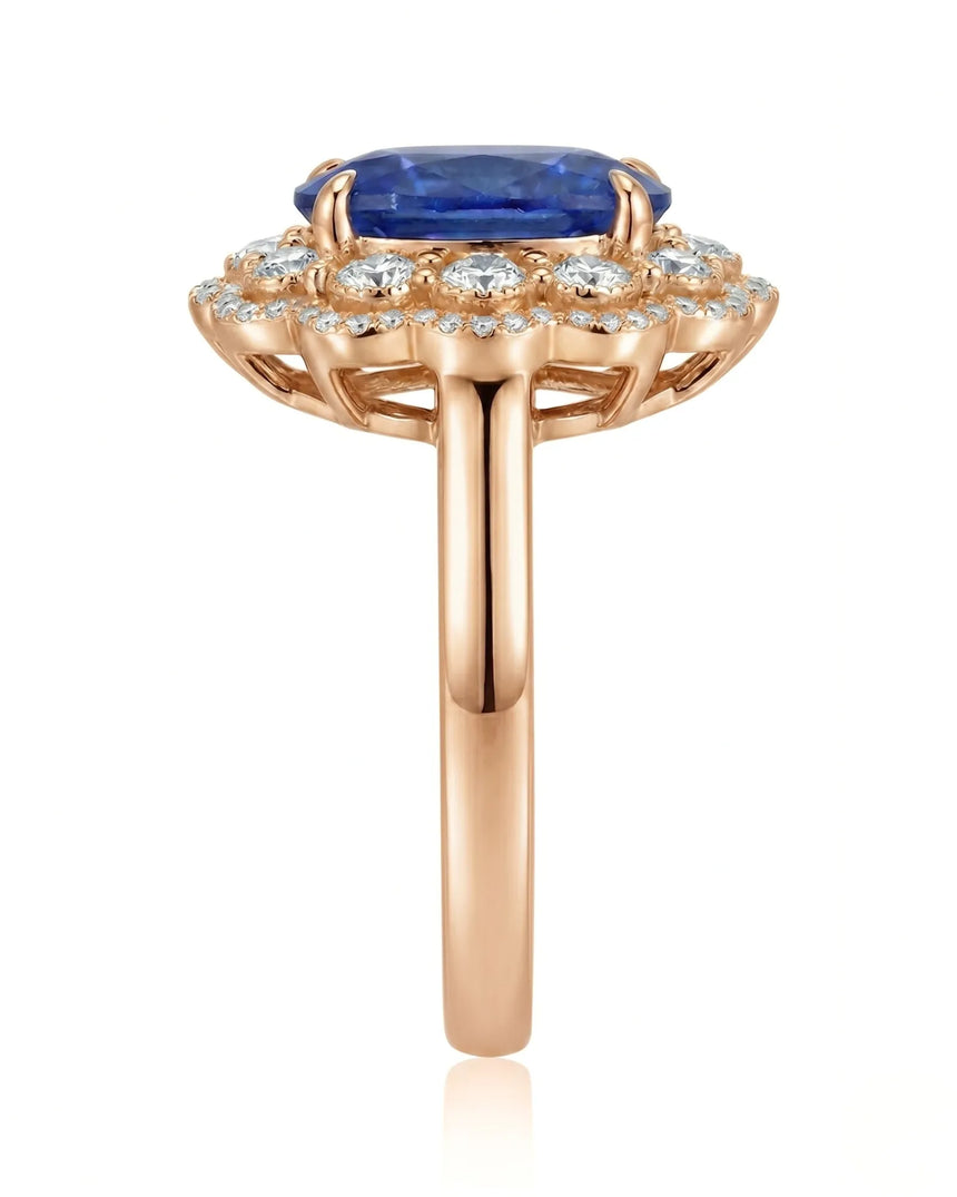 Heirloom sapphire ring with double diamond halo design in romantic 18K rose gold | SARATTI