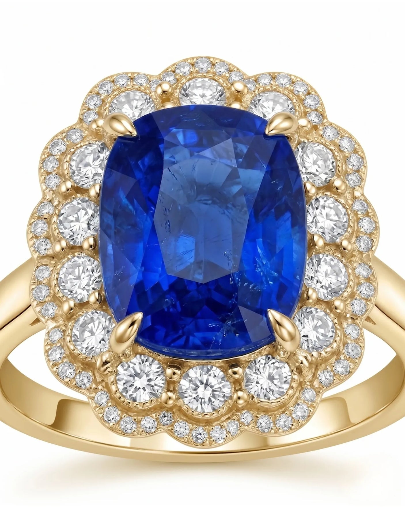 Heirloom sapphire ring with double diamond halo design in warm 18K yellow gold | SARATTI