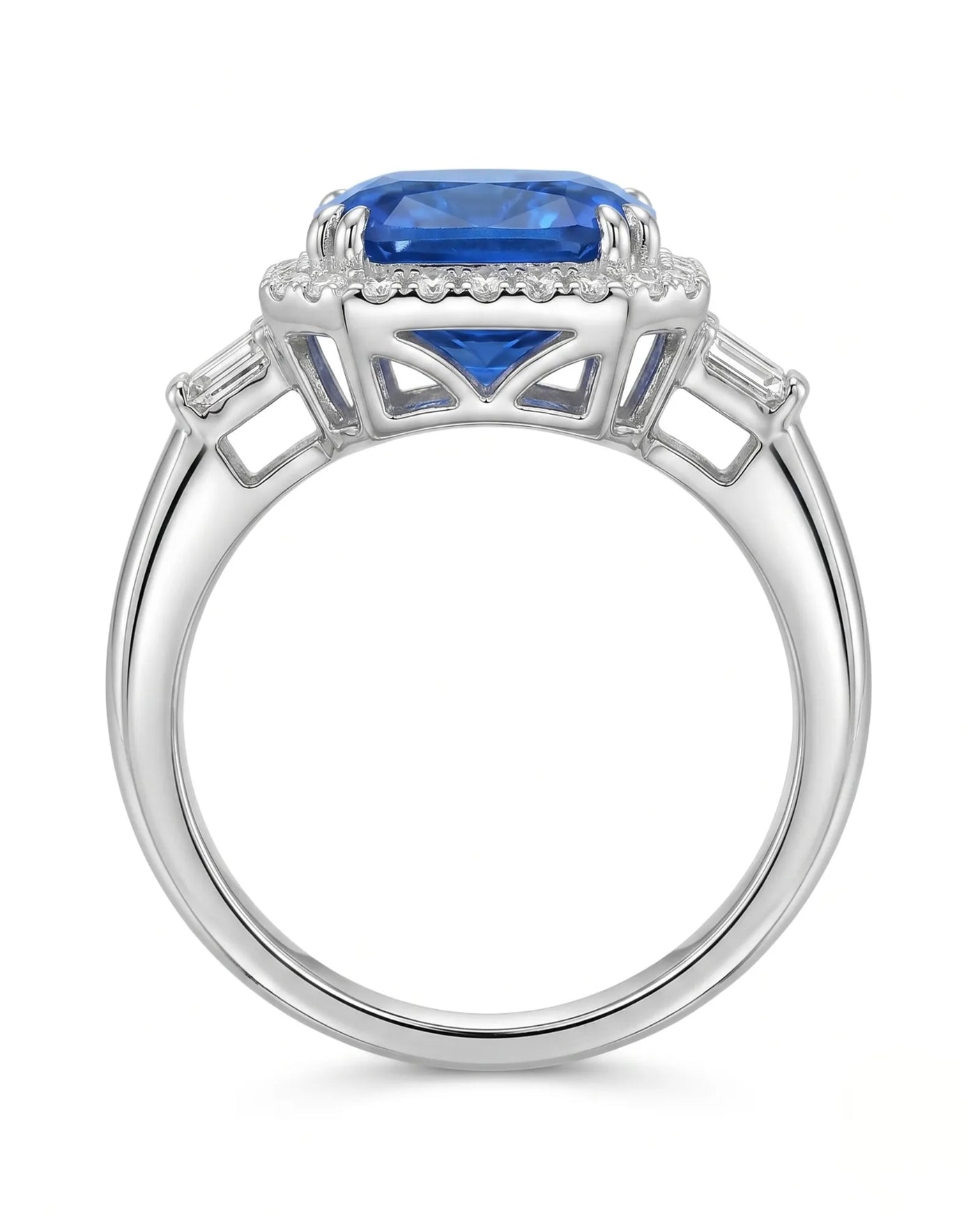 Heirloom sapphire ring with geometric diamond halo and polished platinum setting | SARATTI