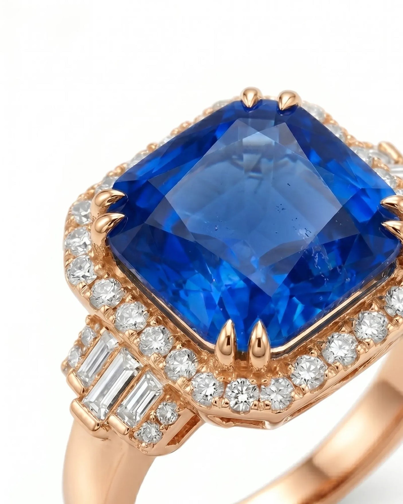 Heirloom sapphire ring with geometric diamond halo and romantic rose gold setting | SARATTI