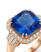Heirloom sapphire ring with geometric diamond halo and romantic rose gold setting | SARATTI