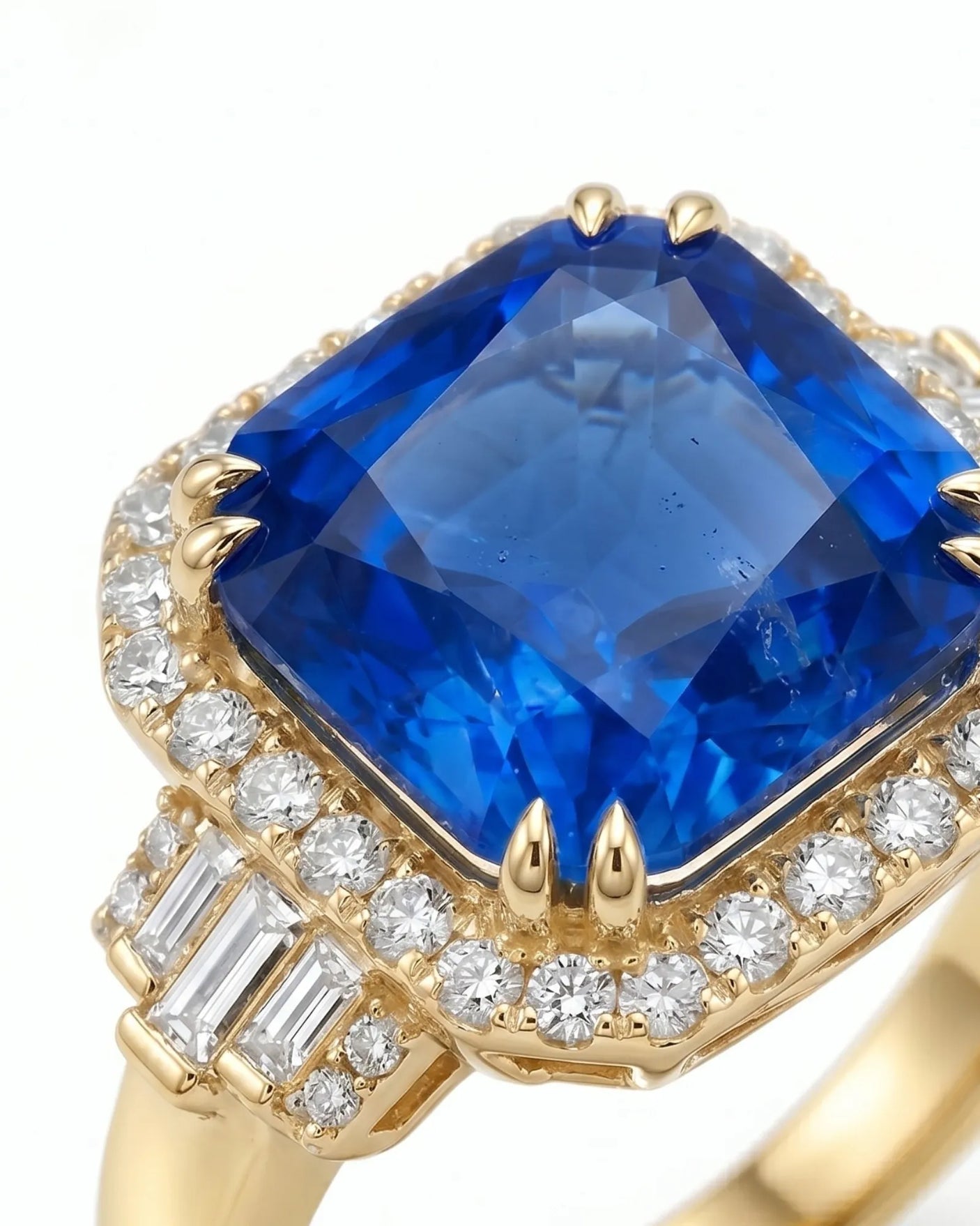 Heirloom sapphire ring with geometric diamond halo and warm yellow gold setting | SARATTI