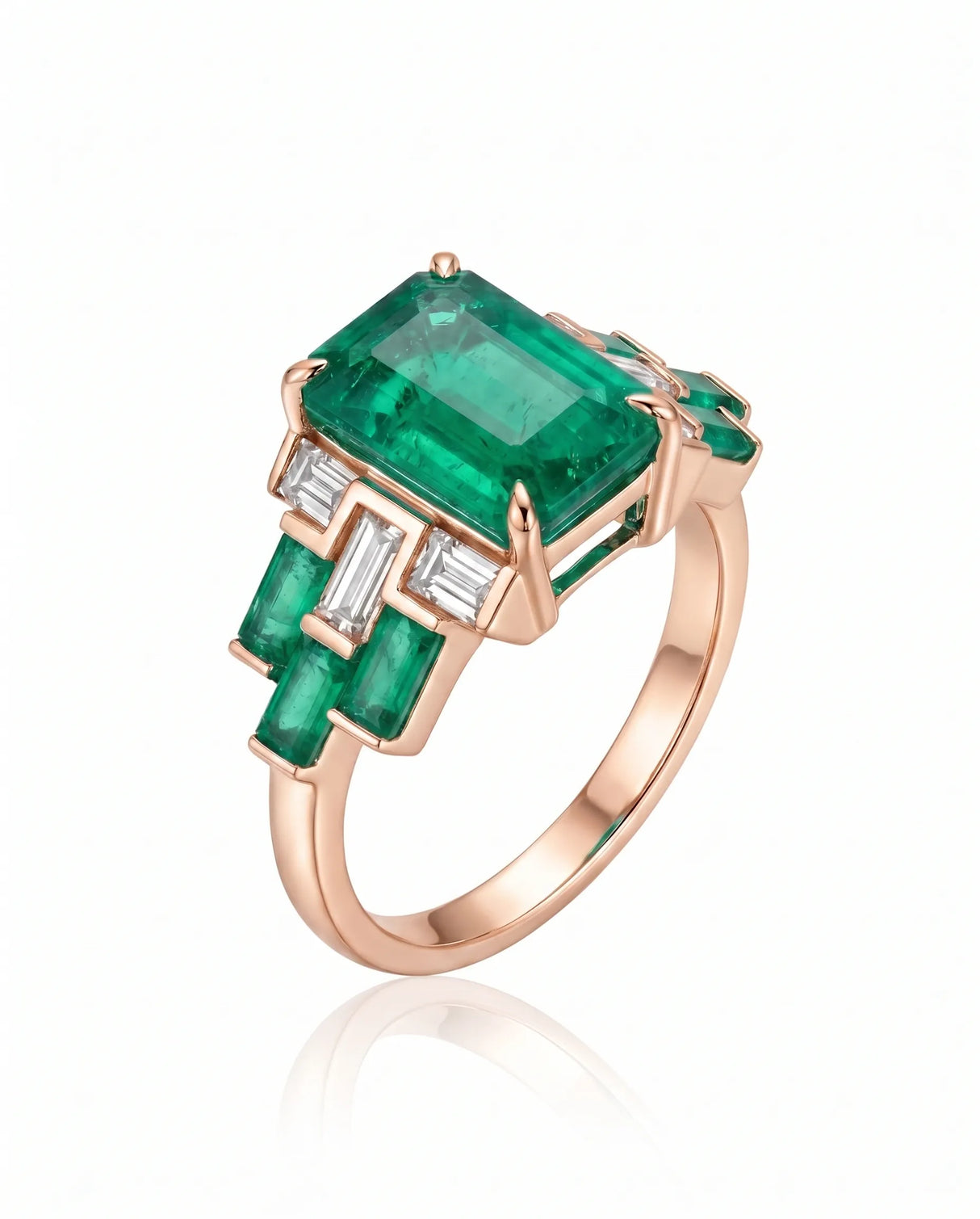 Heritage Emerald Geometric Promise Ring in 18K Rose Gold with natural emerald and baguette diamond accents | SARATTI