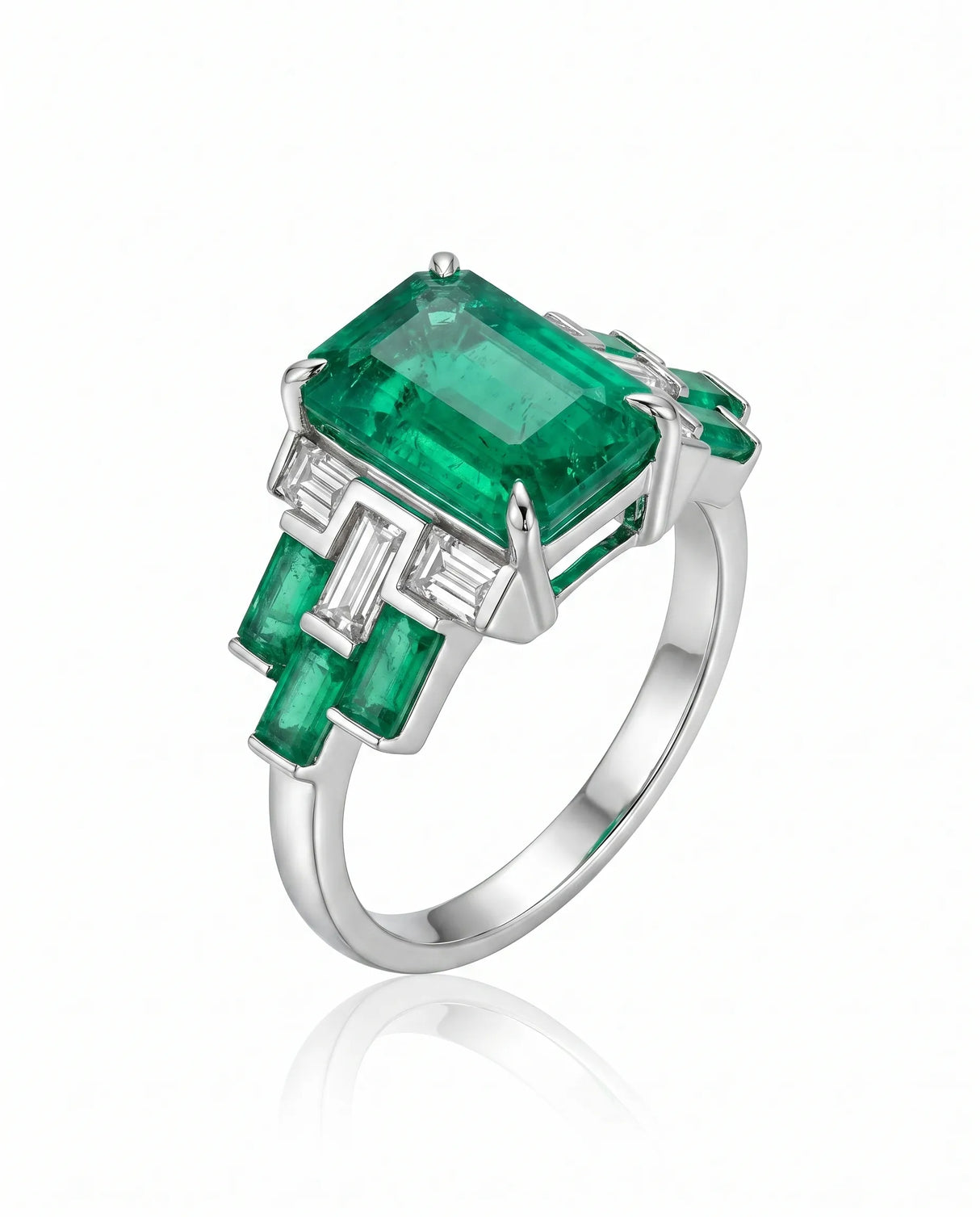 Heritage Emerald Geometric Promise Ring in 18K White Gold with natural emerald and baguette diamond accents | SARATTI