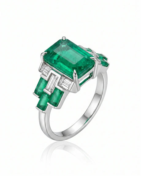 Heritage Emerald Geometric Promise Ring in 18K White Gold with natural emerald and baguette diamond accents | SARATTI